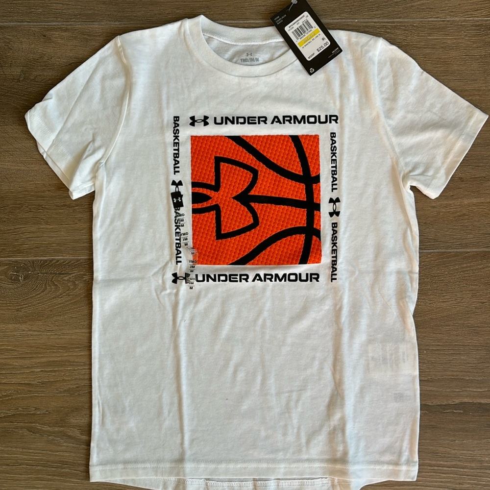 NWT - Under Armour Boys Size M white t-shirt w/textured orange basketball